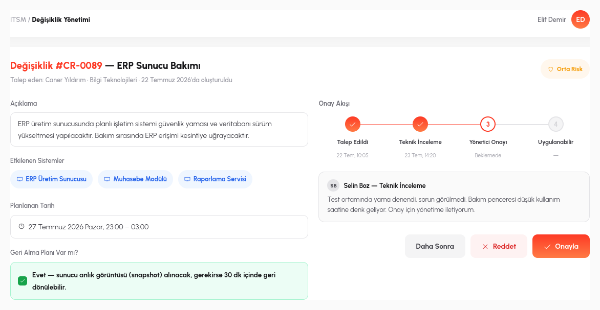 ITSM değişiklik onay ekranı