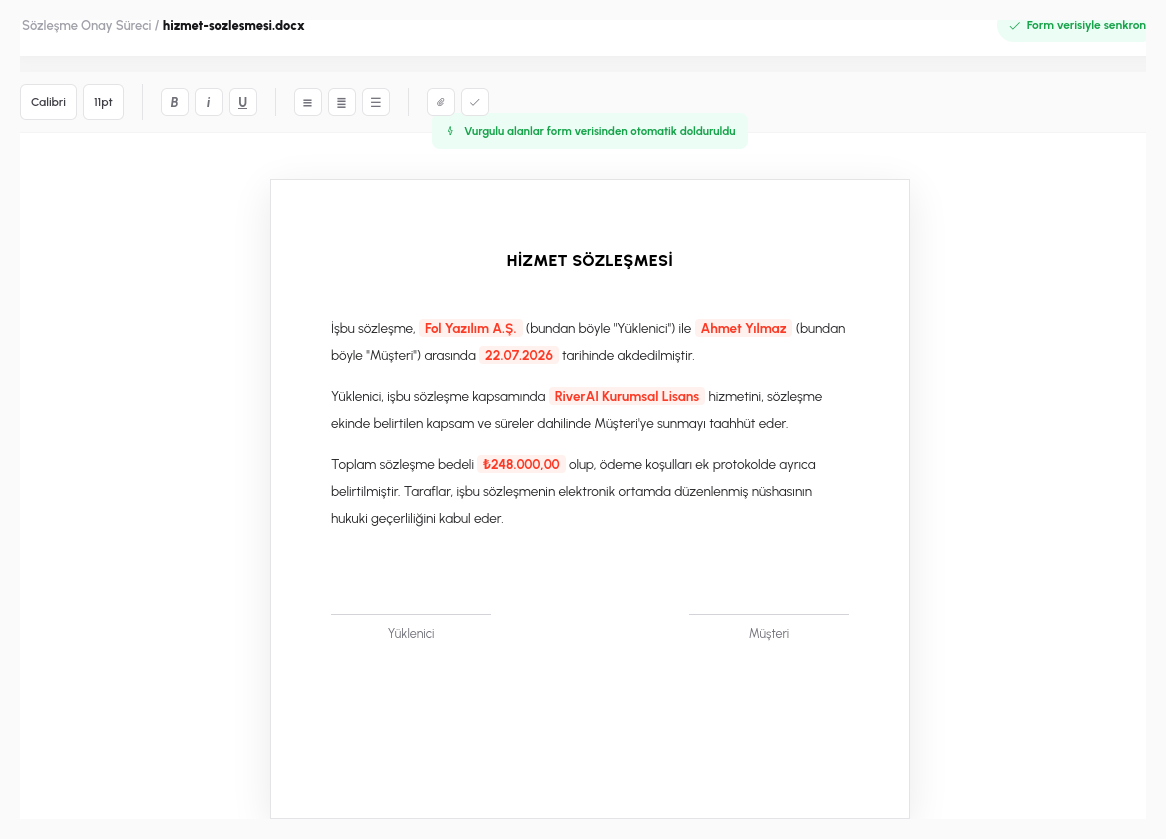 Formdan açılan dosya, entegre editörde düzenlenirken (form verisi otomatik dolduruldu)