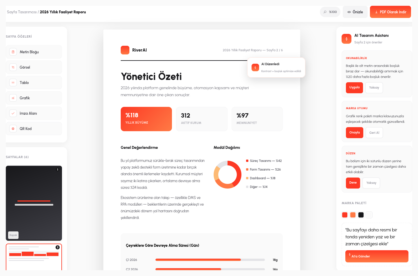 Sayfa tasarımcısı: öğe paleti, çok sayfalı belge, canlı grafik içeren bir rapor sayfası