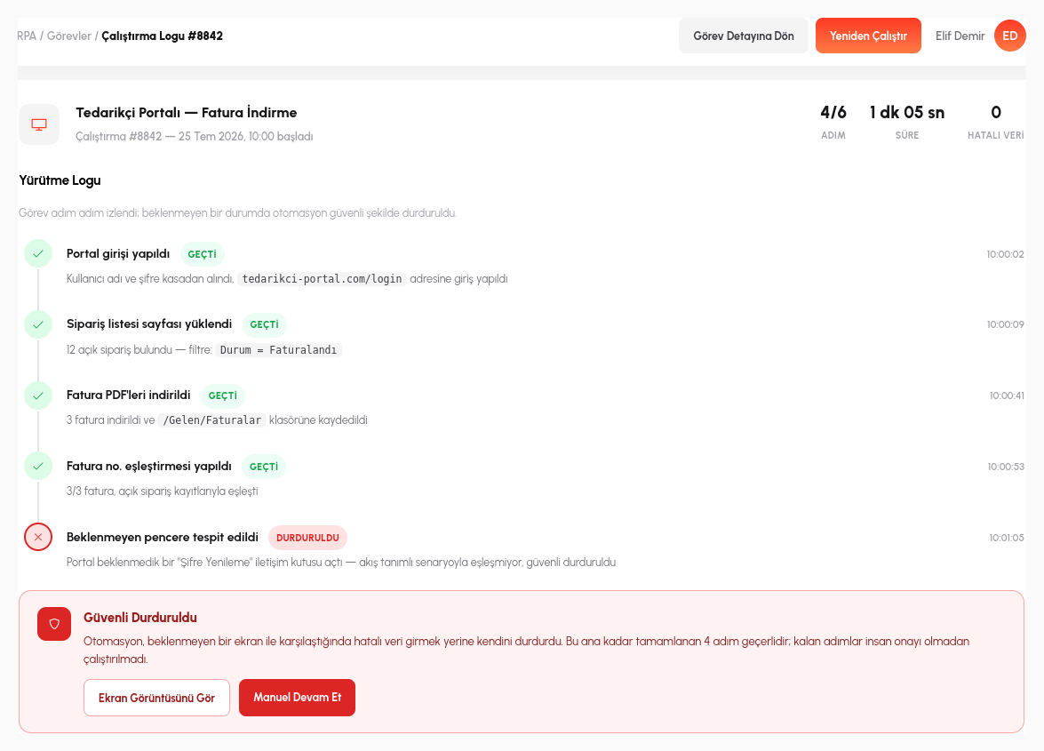 RPA çalıştırma logu ekranı